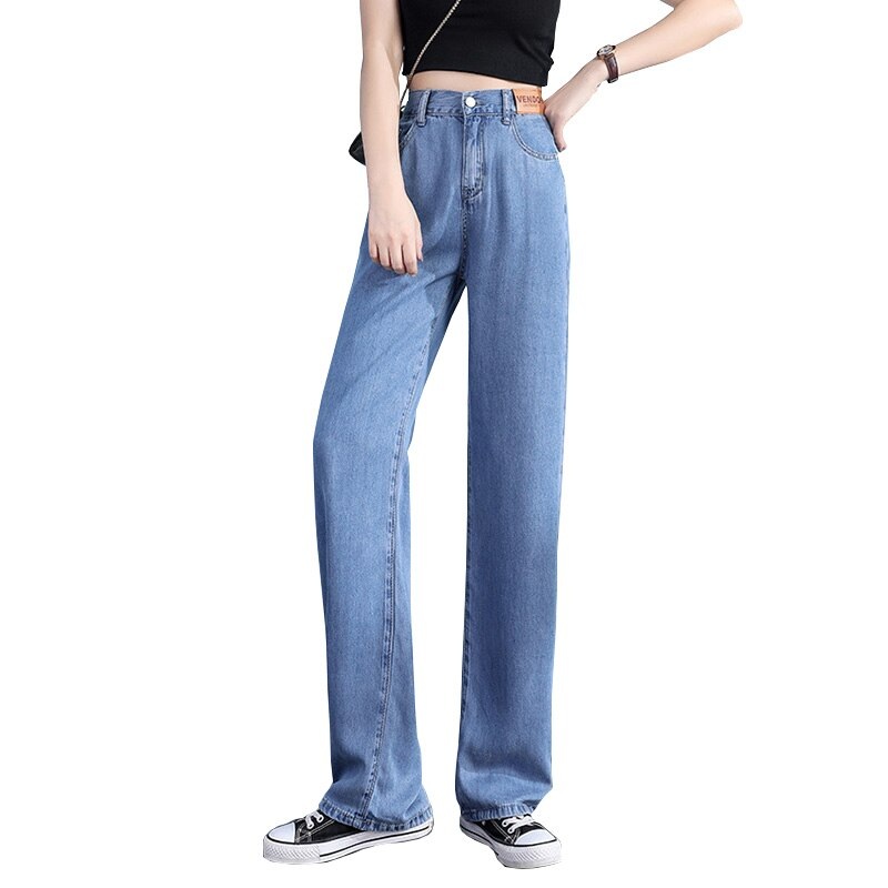 Casual Ice Silk High Elastic Waist Straight Jeans