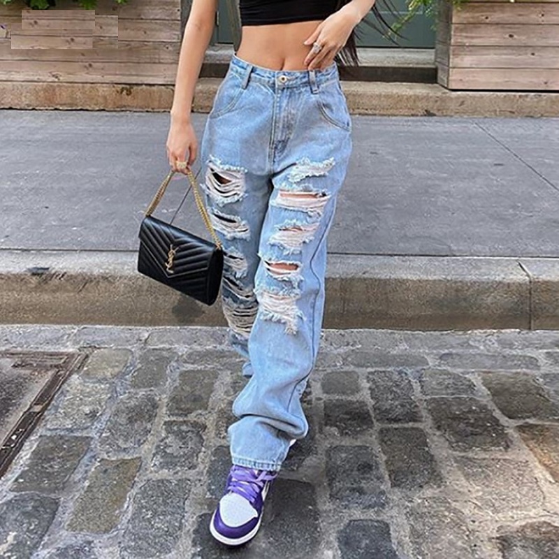 Casual Ripped Hole High Waist Loose Streetwear Jeans - Power Day Sale