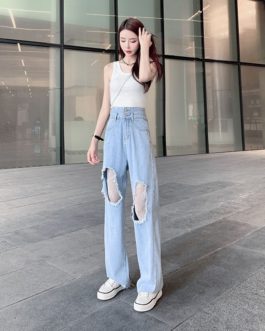 Casual Ripped Lace Spliced Wide Leg Thin Loose Jeans