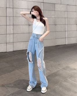 Casual Ripped Lace Spliced Wide Leg Thin Loose Jeans