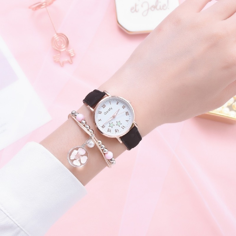 Casual Star Pattern Leather Bracelet and Wrist Watch Set