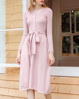 Chic Sahes Belt Sweater V Neck Knitted A Line Midi Dress