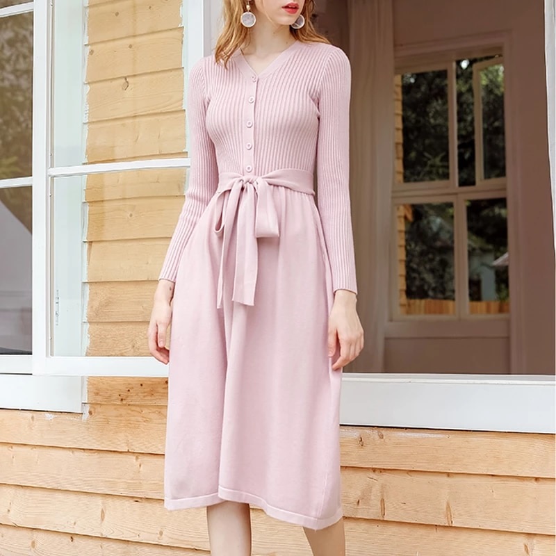 Chic Sahes Belt Sweater V Neck Knitted A Line Midi Dress