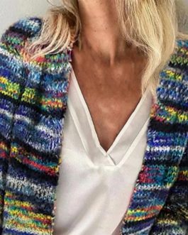Cotton Acrylic Fiber Rainbow Stripes Knitted Cardigan Coat