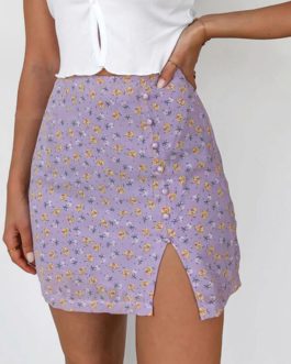 Elegant Floral Print Buttons High Waist Mini Split Skirts