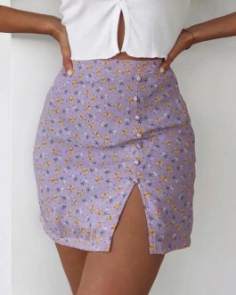 Elegant Floral Print Buttons High Waist Mini Split Skirts