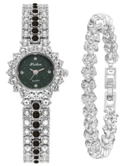 Elegant Rhinestone Round Shape Luxury Quartz Diamond Wrist Watches Bracelet Set
