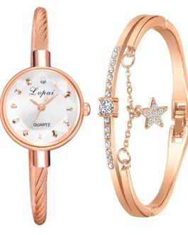 Fashion Geometric Glass Surface Bangle Bracelet and Wrist Watch Set