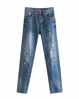 Fashion Ripped Zipper Fly Street Wear Pencil  Jeans