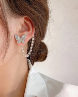 Full Rhinestone Butterfly Pearl Tassel Earring