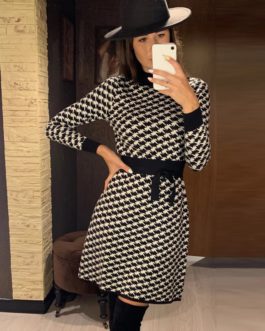 Geometric Slim Knot Sashes A-line Houndstooth Sweater Dress