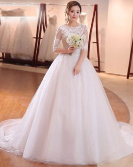Half sleeve with long tail brides formal lace up wedding dresses