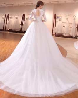 Half sleeve with long tail brides formal lace up wedding dresses