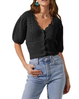 Hollow Out Puff Sleeve Single-breasted Short Sweater