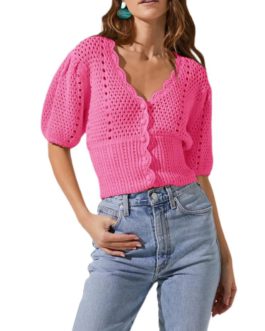 Hollow Out Puff Sleeve Single-breasted Short Sweater