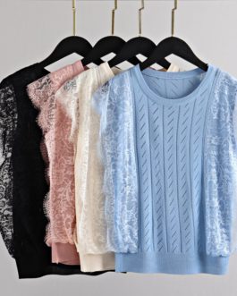 Knitted O-neck Solid Fashion Sleeveless Chic Lace Tops