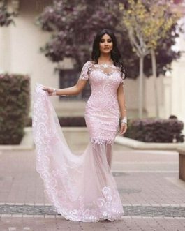 Lace Appliques Backless Mermaid Formal Prom Gowns