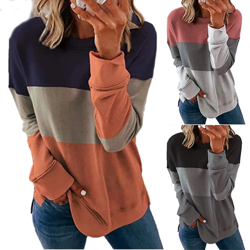 Long Sleeve Top O-neck Sweatshirt Casual Patchwork Pullover