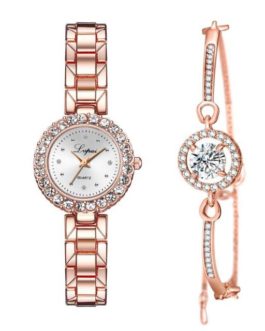 Luxury Diamond Jewelry Bracelet And Wrist Watch Set