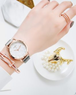 Luxury Magnet Buckle Flower Rhinestone Bracelet And Wrist Watch Set