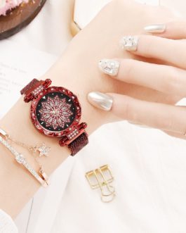 Mesh Magnet Buckle Flower Luxury Rhinestone Quartz Watch Bracelet Set