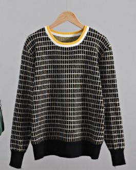 Plaid O Neck Elegant Knitted Sweater Tops