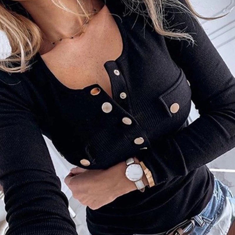 Sexy Long Sleeve Solid Color Ribbed Low-cut Blouse - Power Day Sale