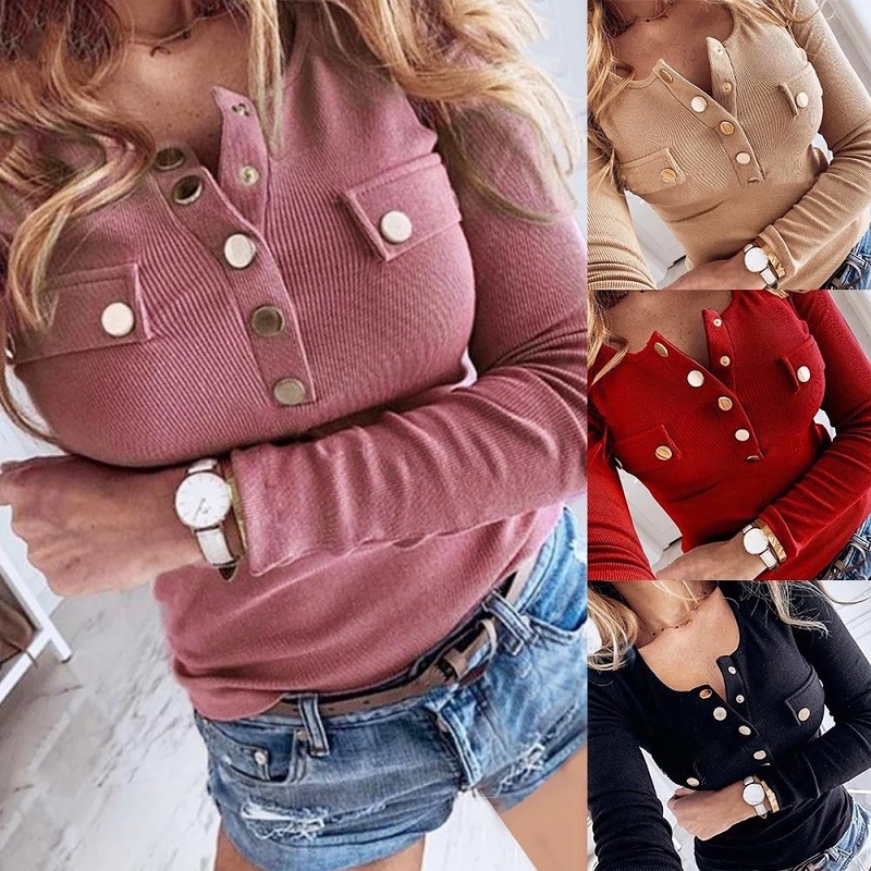 Sexy Long Sleeve Solid Color Ribbed Low-cut Blouse