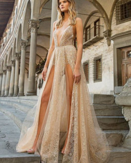 Sleeveless Backless Semi Floor Length Formal Split Evening Dress