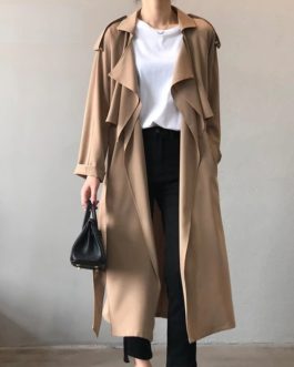 Solid Color Turn Down Collar Elegant Office Trench Coat
