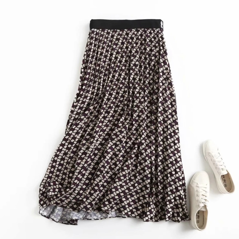 Elegant Geometric Print Vintage Pleated Midi Skirt - Power Day Sale