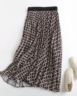 Elegant Geometric Print Vintage Pleated  Midi Skirt