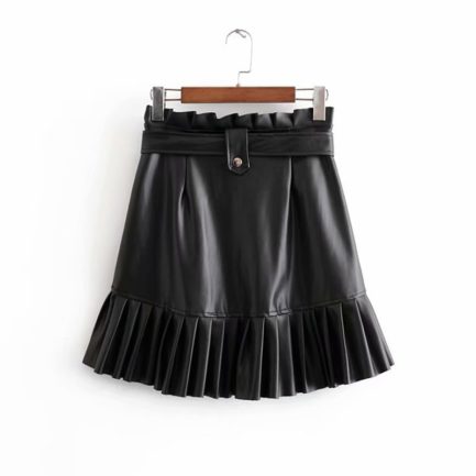 Elegant PU Leather Pleated Ruffles Tie Belt Waist Mini Skirts - Power ...