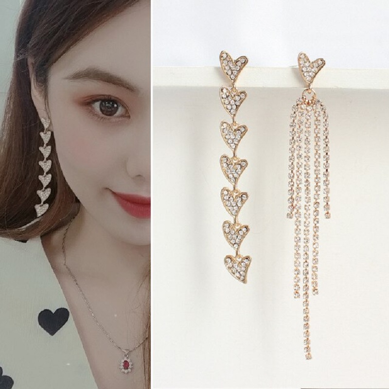 Korean Shiny Heart Crystal Drop Earrings