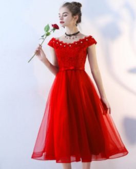 Boat Neck Cap Sleeve Beading Lace Prom Party Evening Dress