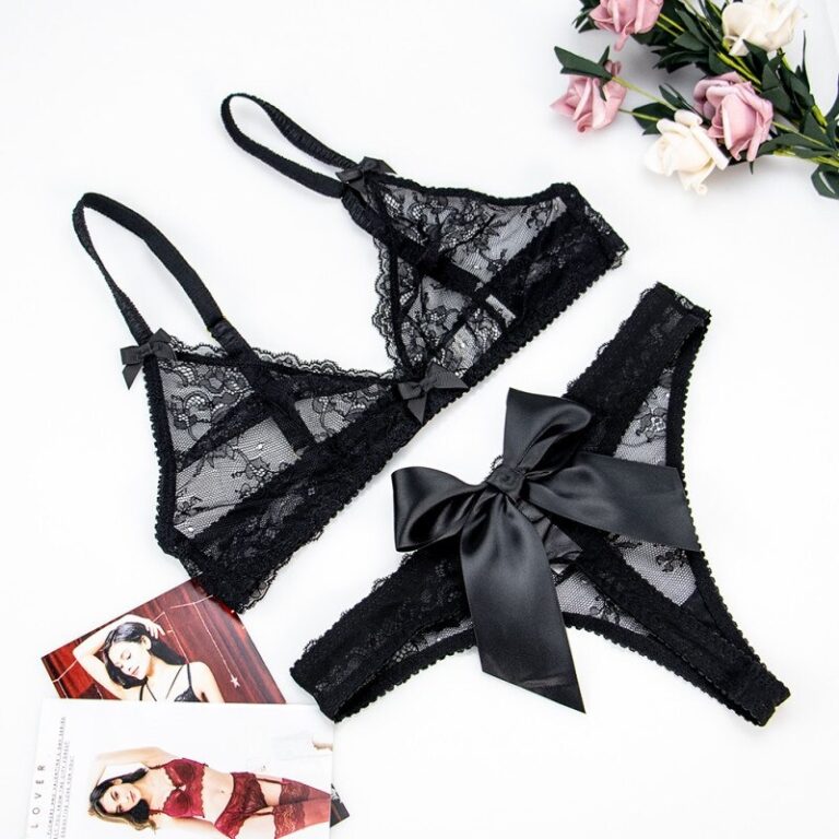 Deep Transparent V Neck Bow Thong Wire Free Unlined Bra Set Power Day