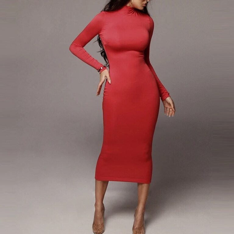 Long Sleeve Turtleneck Maxi Bodycon Dress - Power Day Sale