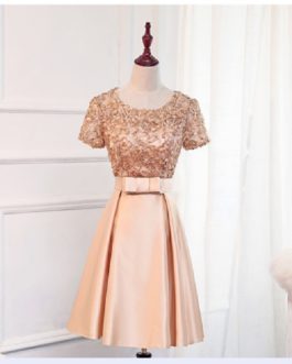 Short Lace Round Neck Bridesmaid Prom Party Dress