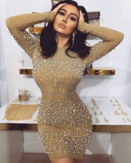 Sexy Long Sleeve Fashion Beading Pearls Party Dress