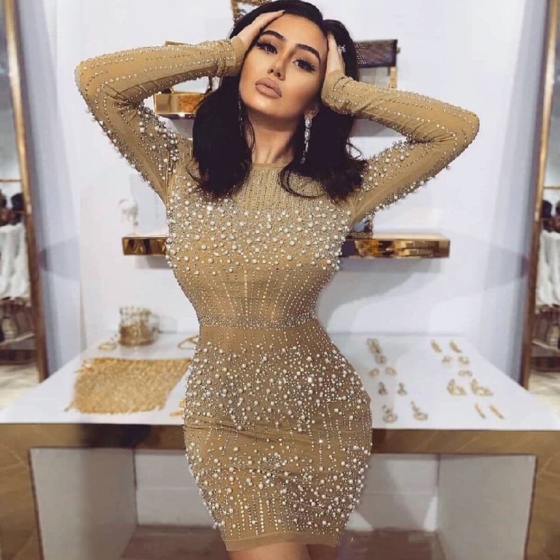 Sexy Long Sleeve Fashion Beading Pearls Party Dress