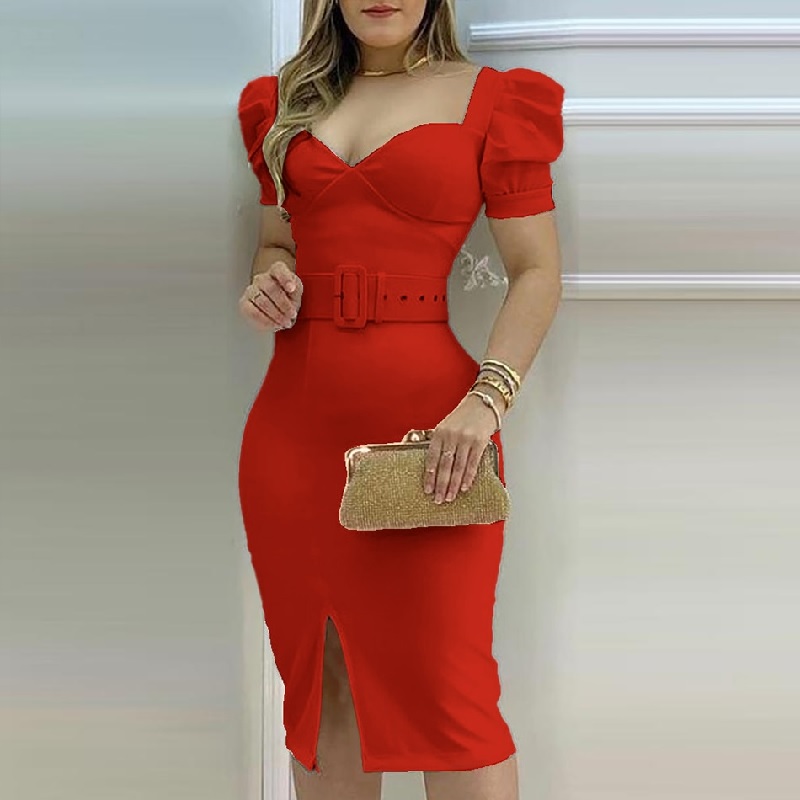 Sexy Short Puff Sleeve V Neck Belt Celebrity Outfit - Power Day Sale