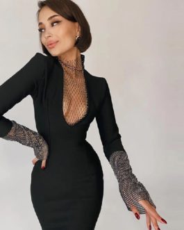 Sexy V Neck Long Sleeve Hollow Out Celebrity Bodycon Dress