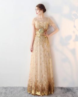 Elegant Short Sleeve Sequins A Line Prom Party Dress