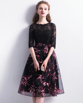 Lace Half Sleeve Round Neck Evening Party Dress