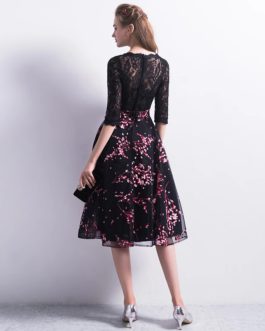 Lace Half Sleeve Round Neck Evening Party Dress