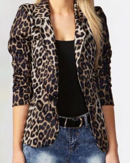 Leopard Print Long Sleeves Button Lapel Jacket