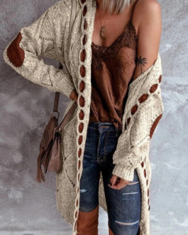 Long Sleeve Hooded Knit Patchwork Cardigan