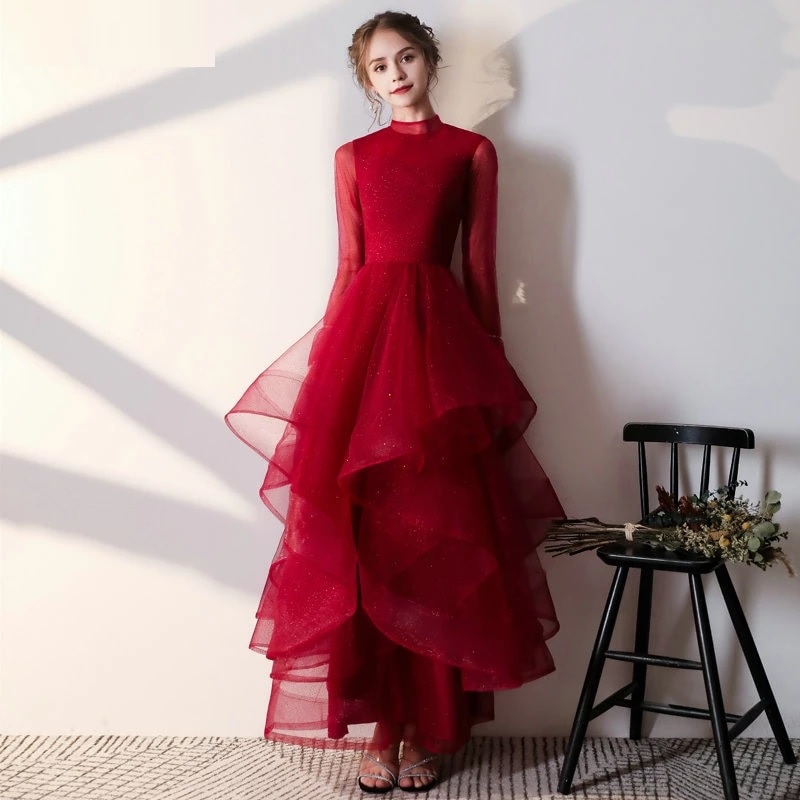 Long Sleeves Asymmetrical Tulle Evening Dress