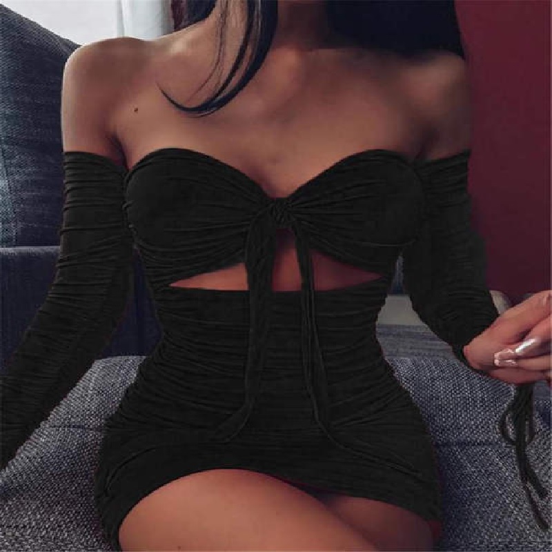 Off Shoulder Plunging Design Tied Bodycon Dress