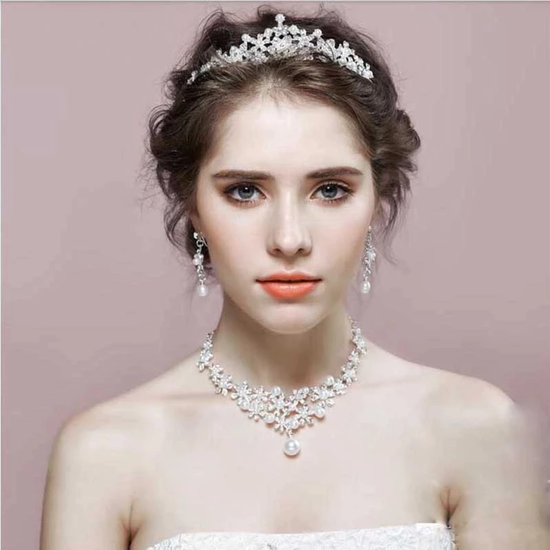 Pearl Tiara Necklace Earrings Bride Jewelry Sets - Power Day Sale